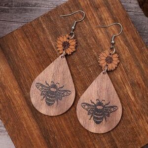 Wood Bee and Sunflower Earrings